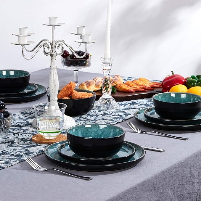 LIANYU 24 Piece Dinnerware Sets for 8, Modern Stoneware Plates and Bowls, Ceramic Round Dinner Dinning Ware Set, Dishwasher and Microwave Safe Dishes Set for Family Dinner, Pastel Turquoise