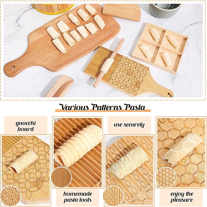 Tioncy 7 Pcs Pasta Making Tool Set, Wood Gnocchi Board with Ravioli Stamp Ravioli Maker and Rolling Pin Homemade Gnocco Maker, Kitchen Gift for Home Cooks and Baking Lovers(Pattern Gnocchi Board Set)