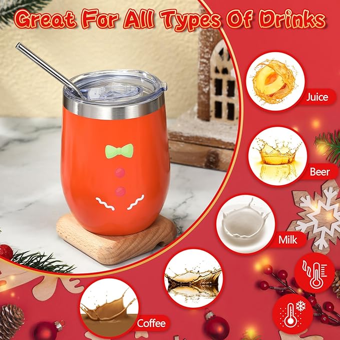 Ziliny 6 Pieces Christmas Wine Tumbler 12 oz Xmas Insulated Stainless Steel Wine Cups with Lid and Straw Funny Coffee Mugs with Brush for Holiday Wedding Party Gifts(Vintage Style)
