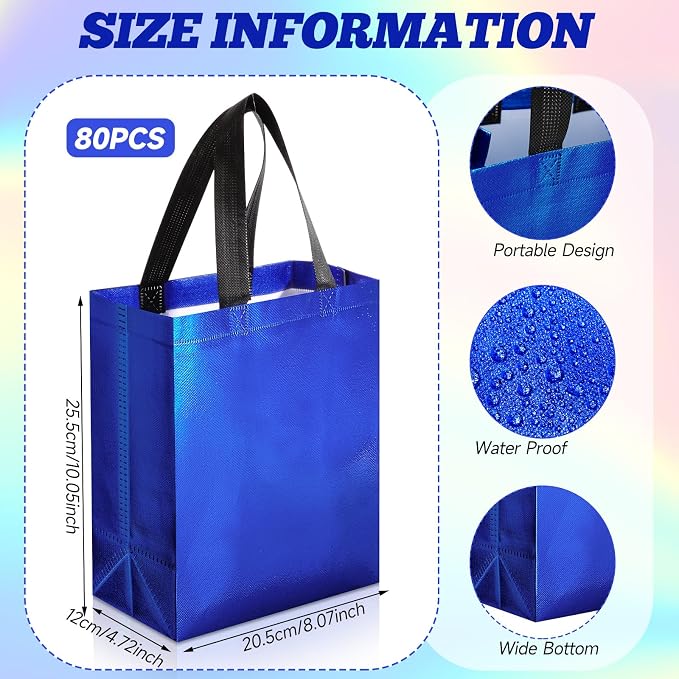 Eccliy Reusable Gift Bags Set Glossy Grocery Gift Tote Bag with Handle for Wedding, Bridal Shower, 4th of July, Summer Event(10 x 8 x 4.7 Inch,Blue,80 Pcs)