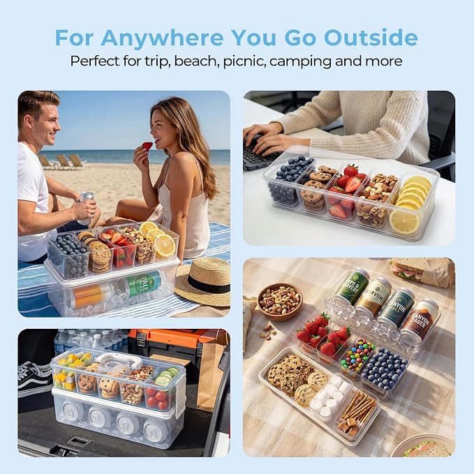 Homelove Snackle Box Container, Snack Organizer Divided Serving Tray with 2 Stainless-Steel Ice Packs, Lid with Handle, Double-layer Tray and 5-Compartment Snack Platter for Travel Party Beach Picnic