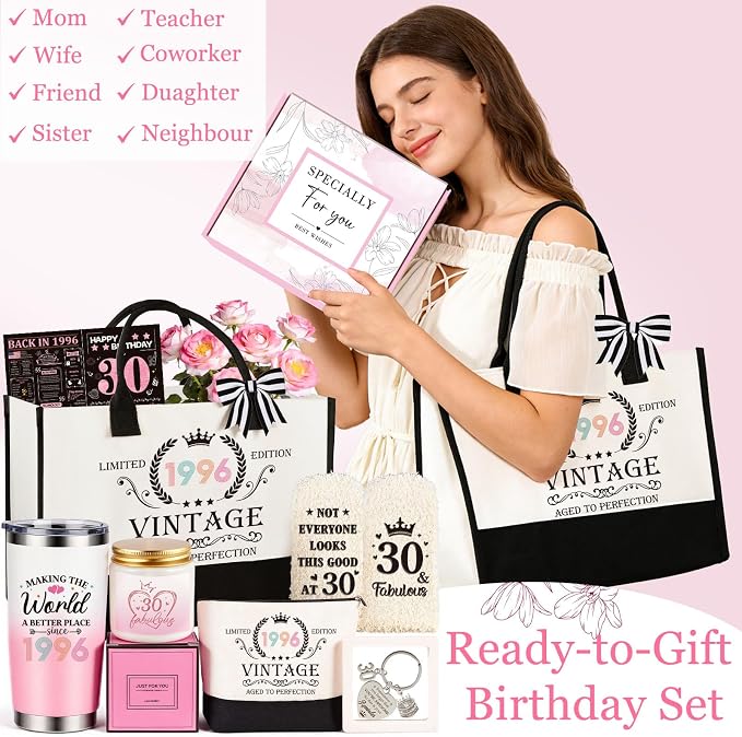 30th Birthday Gifts for Women, Vintage 1996 Happy 30th Birthday Gifts Basket for Women Unique Gift Ideas for 30 Year Old Female, Wife, Girlfriend, Sister, Friend, Funny Bthday Gift Turning 30 Year Old