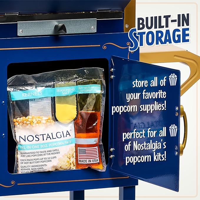 Nostalgia Popcorn Maker Machine - Professional Cart With 8 Oz Kettle Makes Up to 32 Cups - Vintage Popcorn Machine Movie Theater Style - Popcorn Stand Cart With Wheels - Navy/Gold
