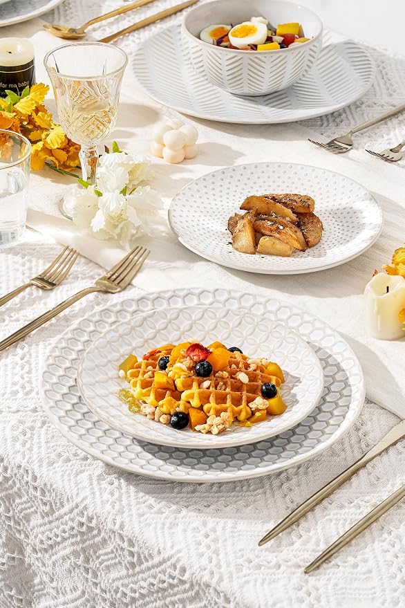 FOBENTA 16-Piece Ceramic Plates and Bowls Set,Dual Bowl Dish Set with Dinner & Pasta Bowls，Elegant Embossed Dinnerware for Modern Homes,for Microwave & Dishwasher Safe