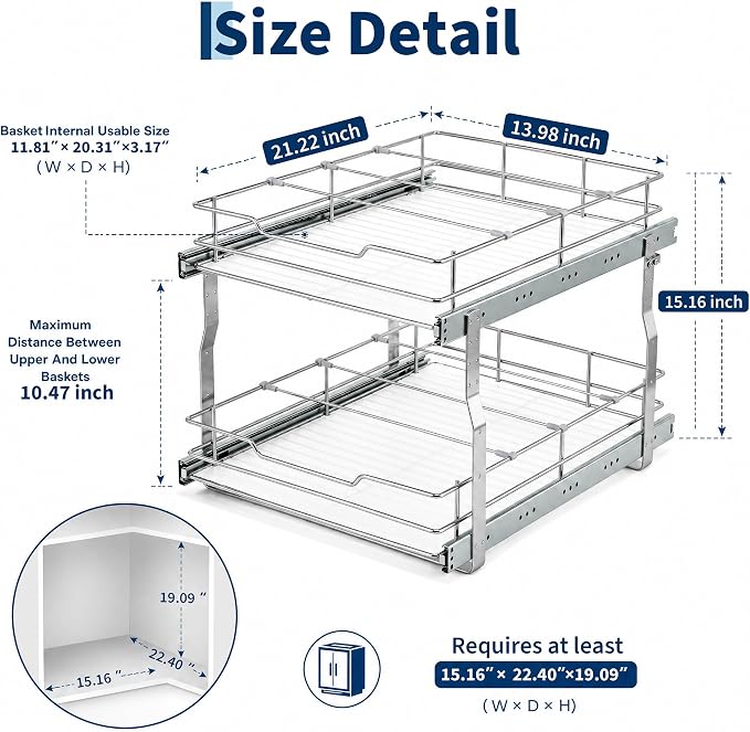 Garvee 2-Tier Pull Out Cabinet Organizer, Pullout Shelf and Drawer Organizer with Heavy-Duty Steel Frame, Slide Out Storage Basket for Kitchen, Pantry & Under Sink, 14" W x 21”D x 15" H