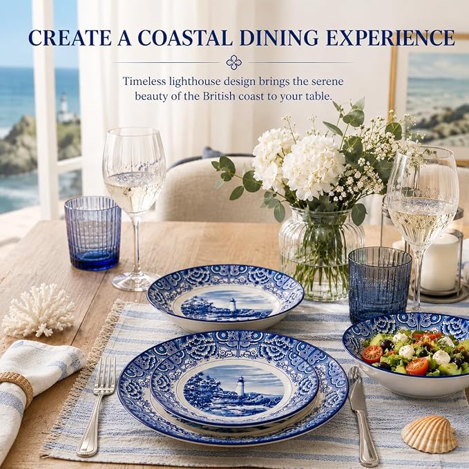 Tudor Royal 12-Piece Round Porcelain Dinnerware Set, Service for 4 - Light House Dark Blue Design, Plates Bowls Dishes, Premium Quality Tableware, Unique Pattern, Glossy