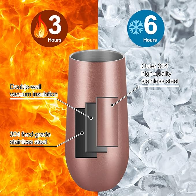 Lifecapido 4 Pack Stemless Champagne Tumblers, 12oz Insulated Champagne Flutes with Lid, Insulated Champagne Glass, Champagne Flute Tumbler, Great Gift for Birthday Party Wedding Christmas (Rose Gold)