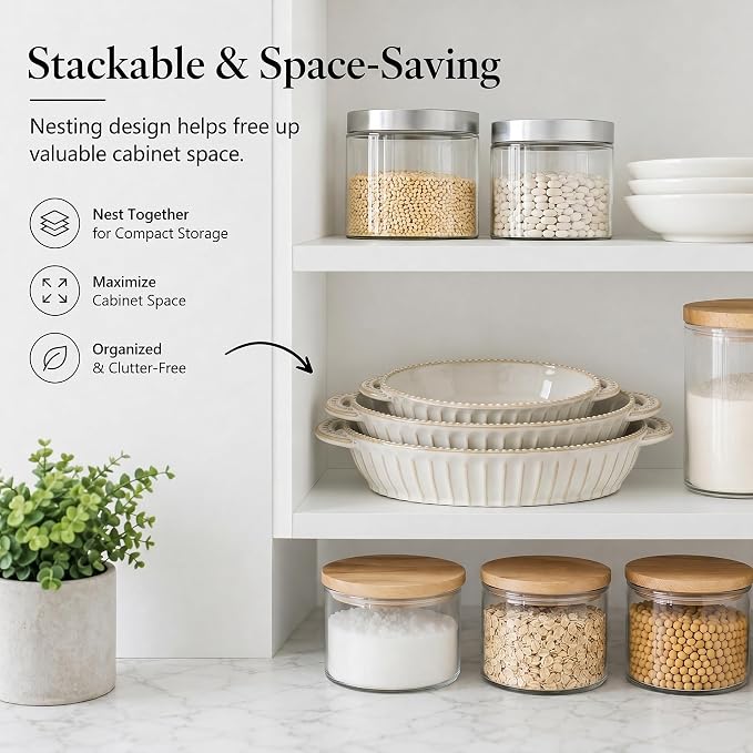 Casserole Dish for Oven, Ceramic Baking Dishes Set, Oval Hobnail Bakeware Set of 3, 9.25"/12.28"/14.37" Baking Dishes with Handle, Deep Lasagna Pan for Roasting, Holiday Dinner, Wedding Gifts, Arctic White