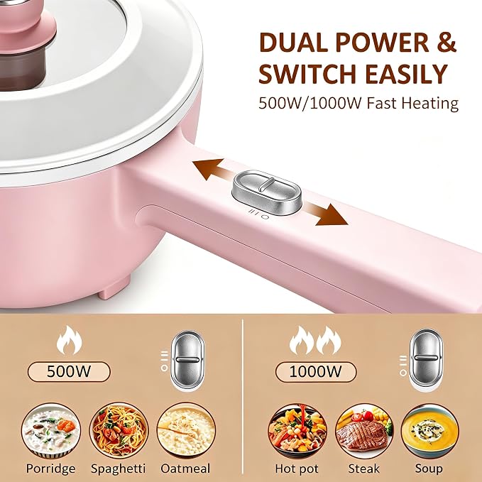 Bear 2L Non-Stick Hot Pot，1000W | Multifunctional Portable Cooking Pot, Rapid Noodles Electric, Non-Stick Frying Pans for Steak, Egg, Ramen, Oatmeal