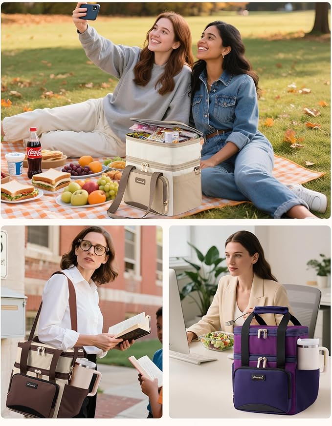 LOVEVOOK Insulated Lunch Bag For Women Men,Expandable Double Deck Lunch Box With Large Cup Holder,Leakproof Cooler Bag For Adult Lunch Tote Bag Work Picnic Beach with Adjustable Shoulder Strap Gift