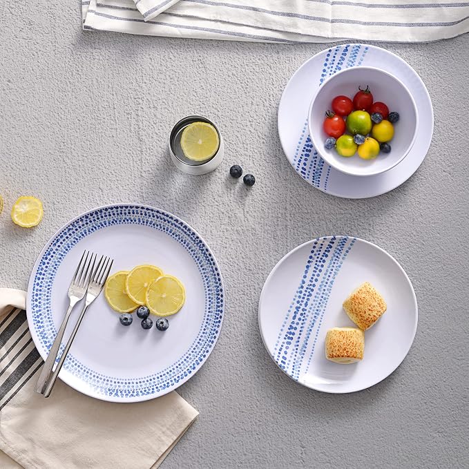 Melamine Dinnerware Sets, 12Pcs Plates and Bowls Sets Dinnerware Sets for 4, Unbreakable Dish Set for Indoor and Outdoor Use, Dishwasher Safe Raindrops Design