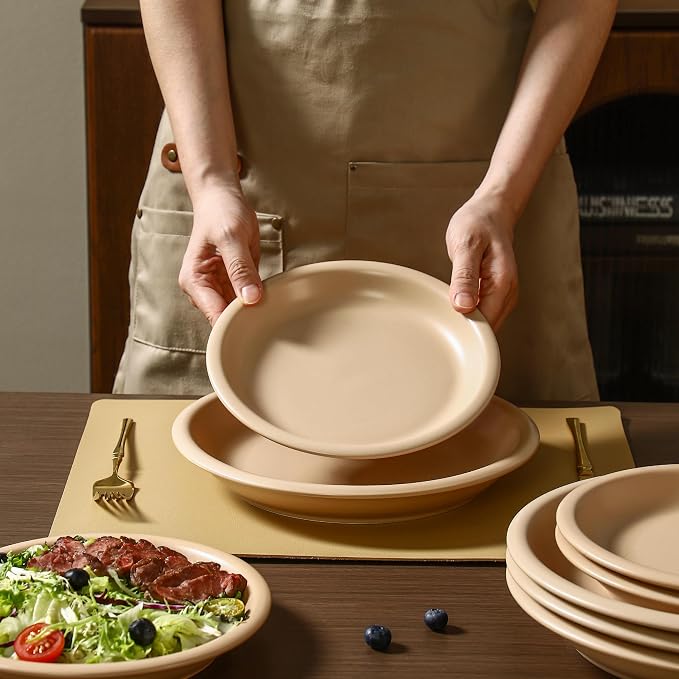 GZG 8 Inch Ceramic Dinner Salad Plates Set of 4, Rustic Matte Glaze Stoneware Dinnerware Set, Microwave & Dishwasher Safe, for Salad, Dessert, Appetizer, Everyday Use(Warm Sand)