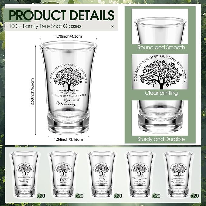 Roshtia 100 Sets Family Reunion Party Favors 5 Styles Adult Family Tree Acrylic Shot Glasses with Inspirational Card and Bag Adult Reunion Gifts
