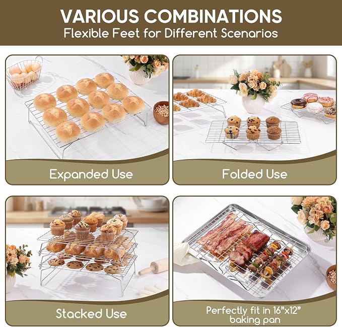 Herogo 15" x 10" Cooling Rack, 4-Tier Stainless Steel Baking Rack for Cookies, Cupcakes, and Pastries, Collapsible Space-Saving Design, Dishwasher Safe, Ideal for Baking, Roasting, and Drying