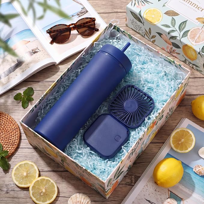 Reallnaive 6 Pcs Skinny Tumbler Bulk and Mini Portable Fans Set for Summer, 16 oz Plastic Cups with Lids Straws and Small USB Rechargeable Handheld Fan for Cooling Gift (Dark Blue)