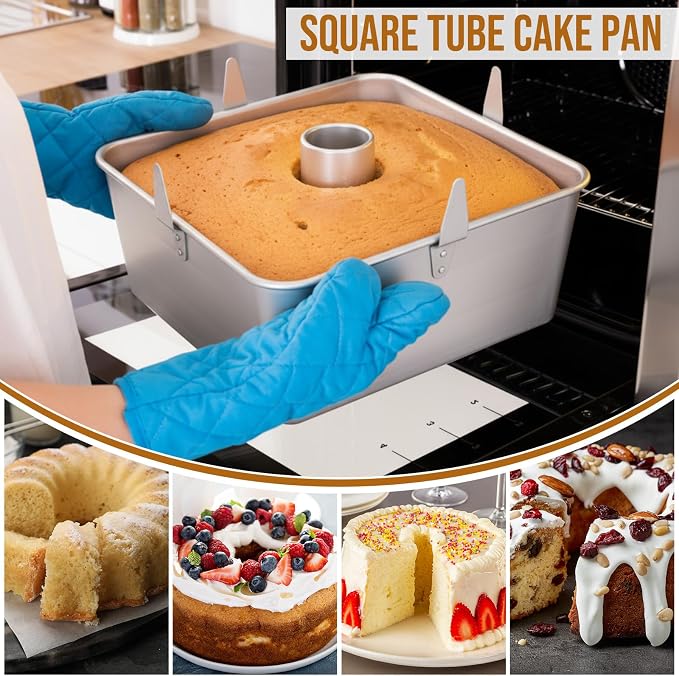 Vesici 9 Inch Square Tube Cake Pan with Cooling Feet Angel Food Cake Pan with Removable Bottom Non-stick Aluminum Alloy Pans for Baking Pound, Chiffon Cakes(Silver)