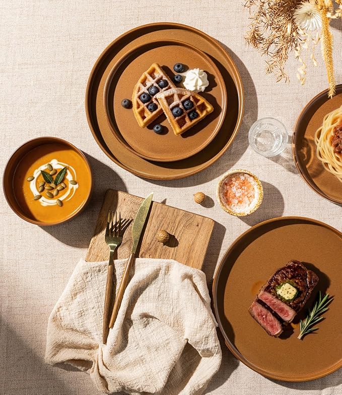 LERATIO Ceramic Dinnerware Sets for 4, High Edge Stoneware Plates and Bowls Set, Chip and Crack Resistant | Oven & Dishwasher & Microwave Safe Dishes Set, Service for 4 -Caramel