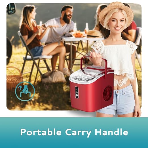 EUHOMY Countertop Ice Maker Machine with Handle, 26.5lbs Per Day, 9 Cubes in 6 Mins, Auto-Cleaning Portable Ice Maker with Basket and Scoop, for Home/Kitchen/Camping/RV (Red)