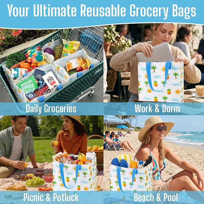 VENO 4 Pack Reusable Grocery Shopping Bags, Heavy-Duty Tote Bags with Handles, for Shopping Cart with Hard Bottom to Stand Upright, Foldable (Tropical Island, 4 Pack)
