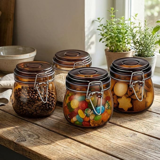Norme 6 Pack 16oz Amber Airtight Glass Jars with Lids, Round Food Storage Container Airtight Food Wire Clip Fastening for Sauerkraut Flour Kitchen Sugar Cereal Kitchen Canning Pickling Mason Jars