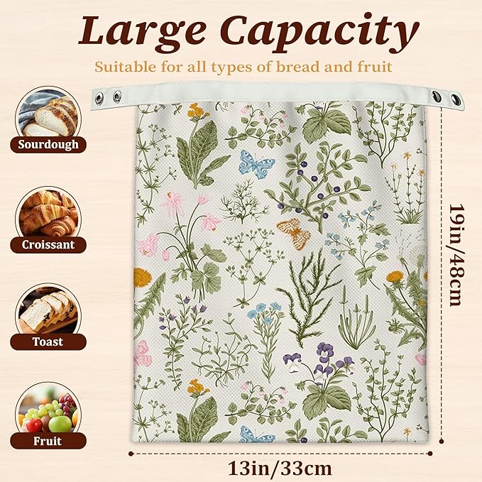 Bread Bags for Homemade Bread- Herbs Wild Flowers Vintage Botanical 2 Pack Linen and Beeswax Sourdough Storage Bags, Reusable Keeper, Keeps Breads Fresh Longer, Gifts for Bakers