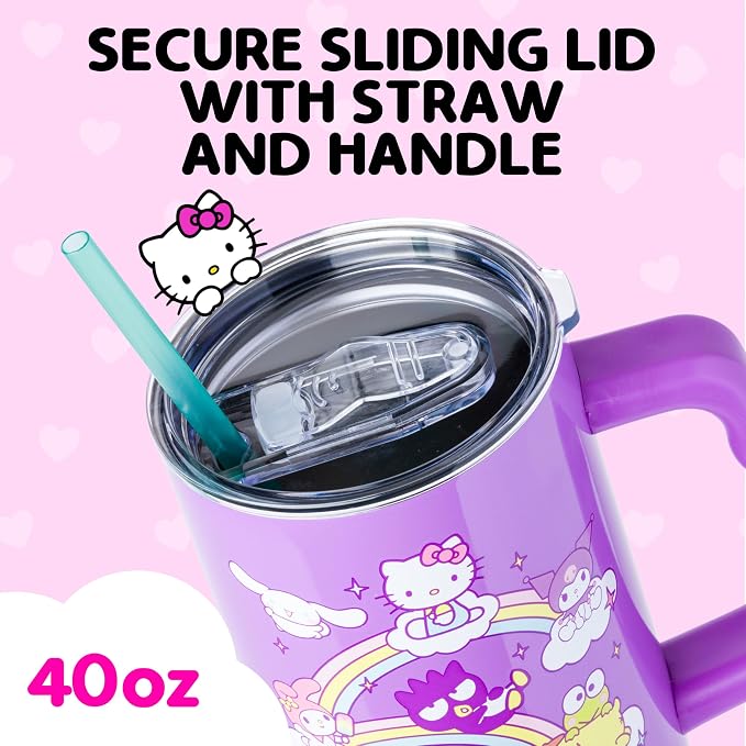 Silver Buffalo Sanrio Hello Kitty and Friends Featuring My Melody, Cinnamoroll, Kuromi, Chococat, Badtz-Maru, Keroppi, and Pompompurin Double Walled Stainless Steel Tumbler with Handle, 40 Ounces