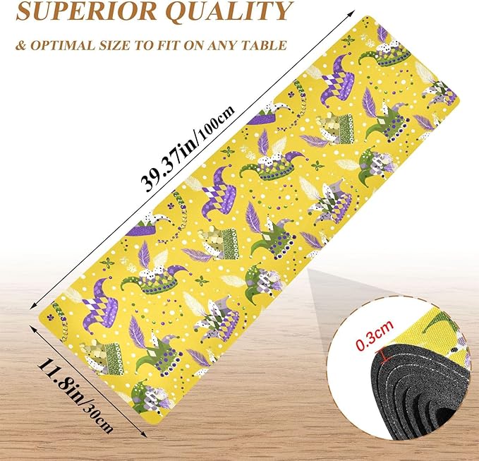 2 in 1 Table Runner Trivet for Hot Pots and Pans Heat Resistant Non Slip Waterproof 39 x 12 Inch Decorative Table Protector for Kitchen Countertop Mardi Gras Hats Yellow