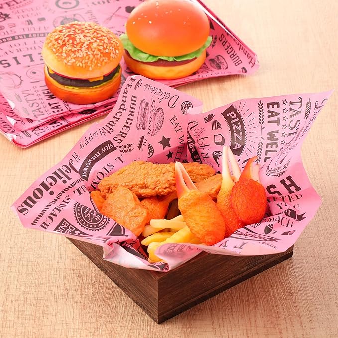 Marspark 200 Pcs Deli Wax Paper Sheets 12 x 12 Inches Square Grease Resistant Tray Basket Liners Hot Dog Wrappers Newsprint Water and Grease Proof Sandwich Wrapping Paper for Food Baking (Pink Black)