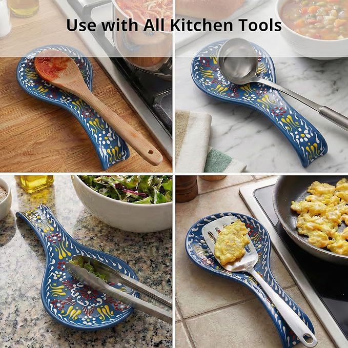 BCS Ceramic Spoon Rest, Large 9” Hand Painted Spoon Holder for Stove Top & Kitchen Counter, Dishwasher Safe & Heat Resistant Utensil Holder, Floral Kitchen Decor, Handmade Pottery