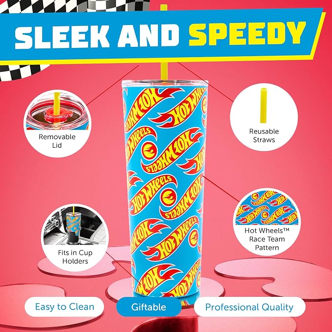 Dragon Glassware x Hot Wheels Tumbler with Straw, 24 oz - Race Team | Vacuum Insulated Stainless Steel Tumbler with Straw & Lid; Double Walled Tumbler with Straw; Hot Wheels Cup with Lid