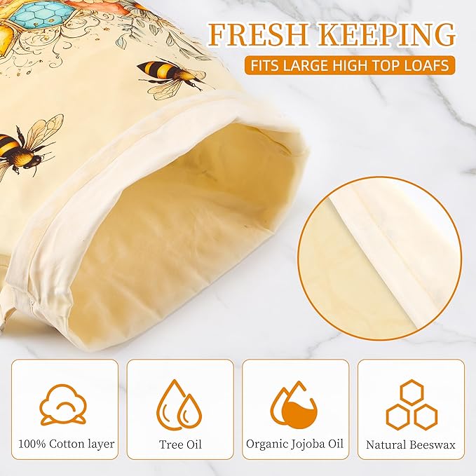 Beeswax Bread Bags for Homemade Sourdough, 2 Pack Reusable Natural Cotton Large Bees Wax Bag Food Storage Bags to Keep Fresh