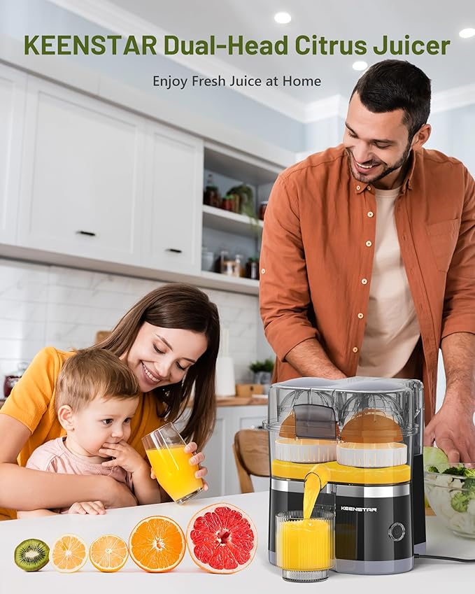 KEENSTAR Electric Citrus Juicer, Dual-Head Orange Juicer Squeezer, Portable Juicer with Cleaning Brush for Lemon, Grapefruit, High Juice Yield, Easy to Clean, One Touch Operation