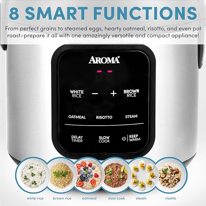 AROMA Digital Rice Cooker, 4-Cup (Uncooked) / 8-Cup (Cooked), 2 Qt, Steamer, Multicooker, Slow Cooker, Oatmeal Cooker, Auto Keep Warm, Stainless Steel Exterior