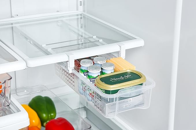 Smart Design Adjustable Pull Out Refrigerator Drawer - Medium, Set of 3 - Extendable Rails and Handle - BPA Free - Holds 15 lbs - Fridge Bin, Freezer, Pantry Food Storage Organizer - Kitchen - Clear