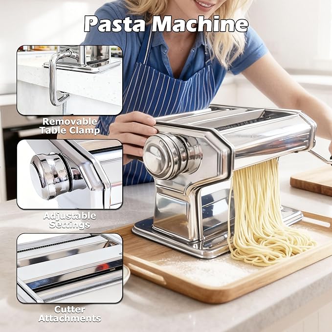 Pasta Maker Machine With 7 Adjustable Thickness Settings, Stainless Steel Manual Noodle Maker,Pasta Roller& Cutters With Removable Handle and Clamp For Kitchen （All-in-One ）