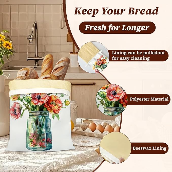 Bread Bags for Homemade Bread, Flowers in Jar 2 Pack Linen and Beeswax Sourdough Storage Bags, Reusable Keeper, Keeps Breads Fresh Longer, Gifts for Bakers