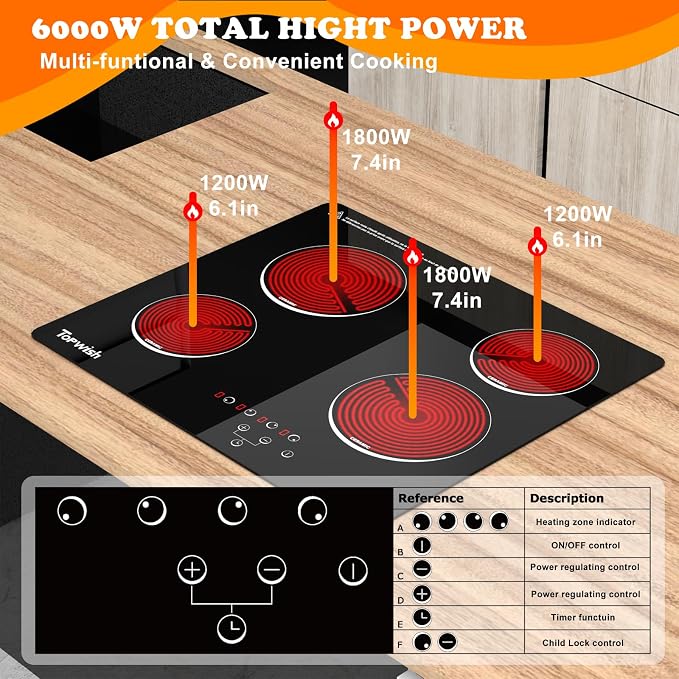 4 Burner Electric Cooktop, TOPWISH 24 Inch, Built-in Electric Stove Top, 220-240v Radiant Cooktop with Child Lock, Touch Control, Residual Heat Indicator, Overheat Protection, Hard Wire (No Plug) | 240V Electric Cooktop 4 Burner Kitchen Stoves, Radiant...