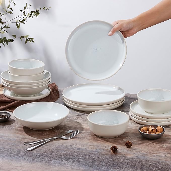 LIANYU Dinnerware Sets with Pasta Bowls for 4, 16 Piece Stoneware Plates and Bowls Set, Modern Dinning Ware Dishware Set, Microwave and Dishwasher Safe, Dusk White
