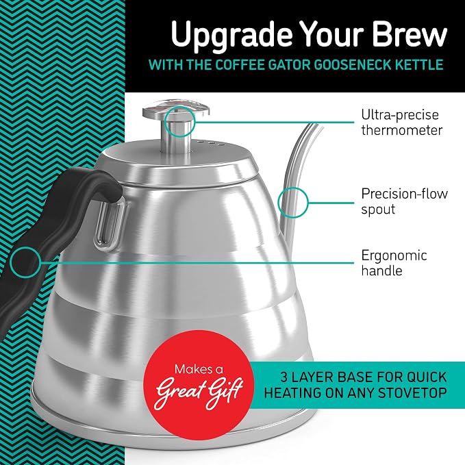 Coffee Gator Gooseneck Kettle 40oz Stainless Steel for Pour Over and Coffee Scale 0.1 Precision with Timer