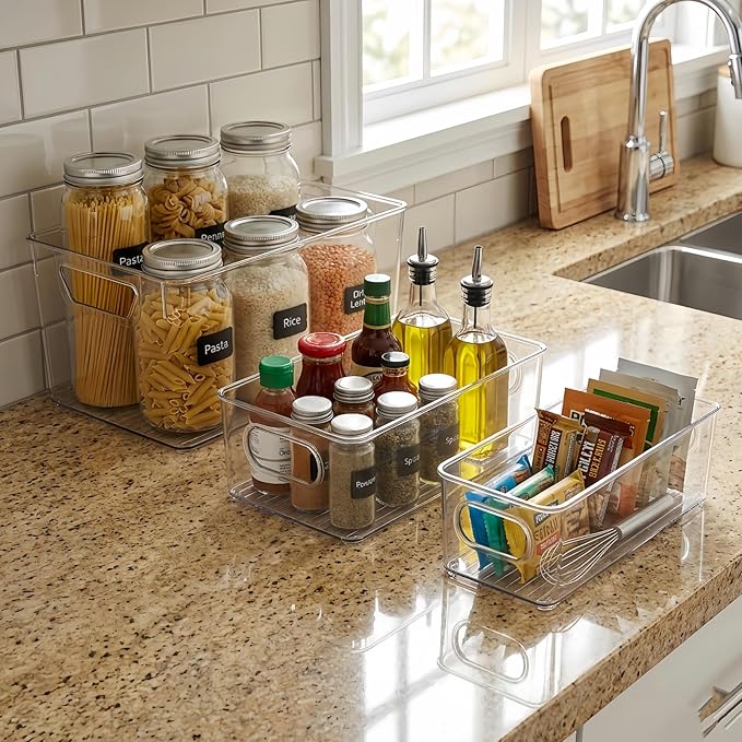 8 Pack Clear Plastic Storage Bins - Stackable Pantry Organizer Bins for Kitchen, Fridge, Cabinet - Clear Acrylic Containers for Food, Snacks and Home Organization