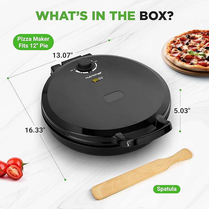 NutriChef Countertop Pizza Maker | 1500W Non-Stick Electric Pizza Cooker | Make 12" Personal Pizzas, Eggs, Toast, Quesadillas & More | Cool-Touch Handles & Space Saving | Temp Range 175-400°F | Black