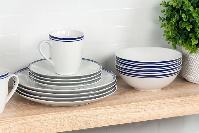 10 Strawberry Street Café Stripe 16 Piece Coupe Dinnerware Set, Blue
