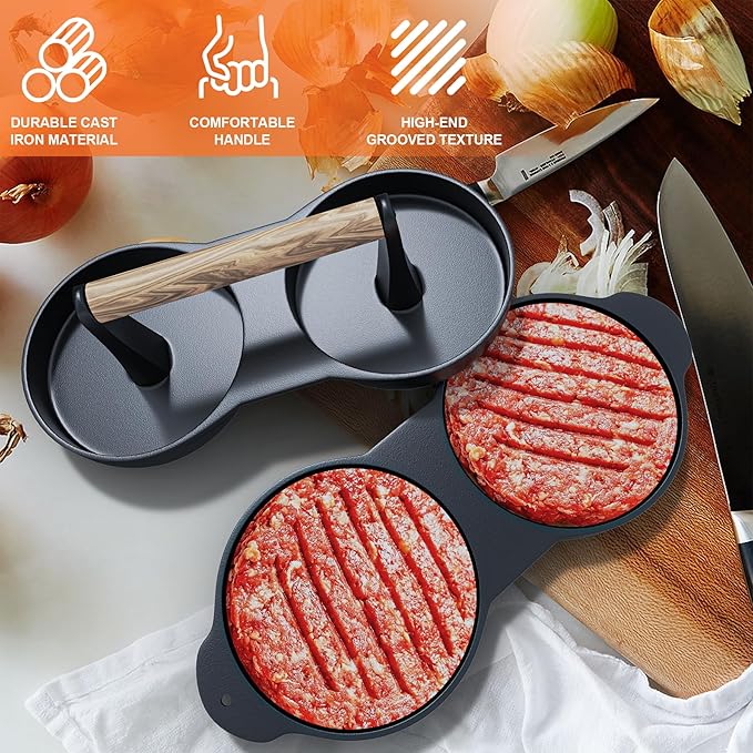 KEESHA Double Burger Press, Cast Iron Hamburger Press Patty Maker, Burger Meat Press for Professional and Home Use, Hamburger Meat Press Tool