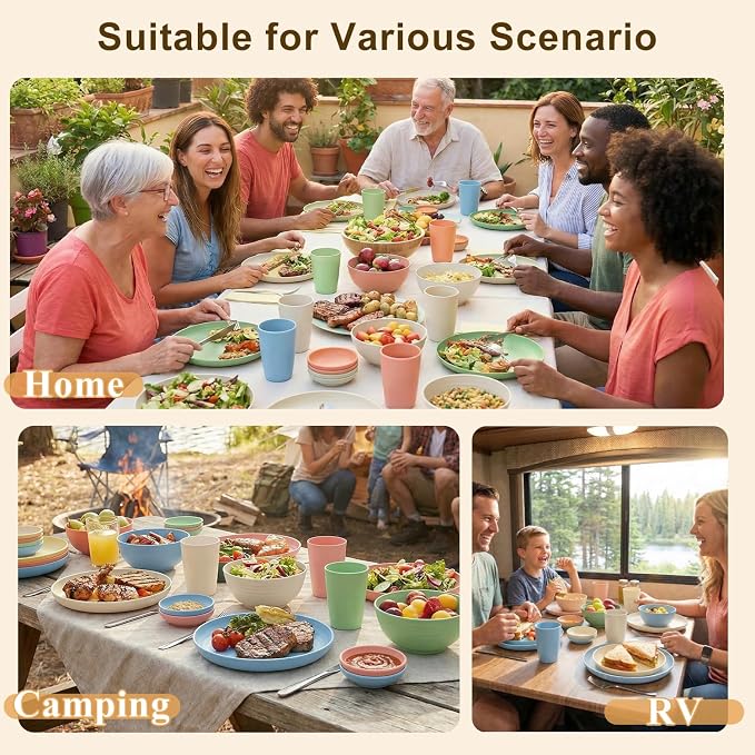 Plates and Bowls Sets 40 Piece, Wheat Straw Dinnerware Sets for 8, Dishes Set for 8, Unbreakable Cups and Plates Sets for Kitchen, Microwave Safe Plates, RV and Camper Essentials - Colorful