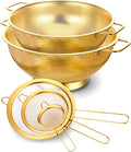Strainers and Colanders Set, 2 PCS Stainless Steel Colander and 3 PCS Fine Mesh Strainer Gold Metal Pasta Rice Colanders & Food Strainers with Handles for Kitchen, Dishwasher Safe (5 Quart+4 Quart)
