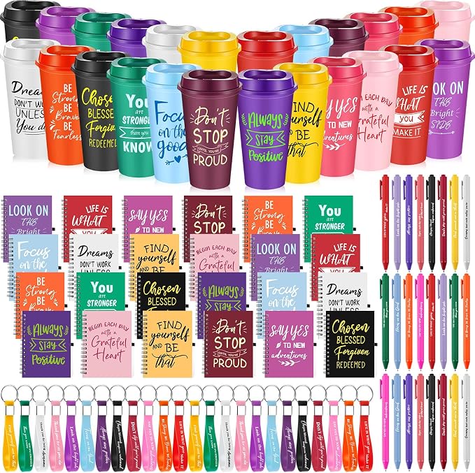 Skylety 24 Sets/96 Pcs Employee Appreciation Gift Baskets Bulk 16oz Inspirational Coffee Cup with Spiral Notebook, Pen & Keychain, Thank You Gifts for Staff, Teacher,Coworker, Team (Classic Color)