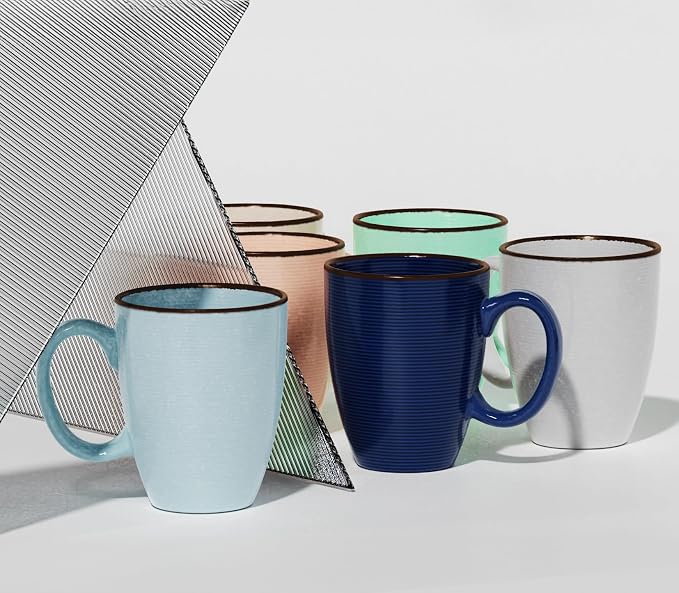 Francois et Mimi Set of 6 12oz Designer Ribbed Style Colorful Ceramic Coffee Mugs, Coffee Cups Gift Set for Coffee, Tea, Cocoa and More. Dishwasher and Microwave Safe.