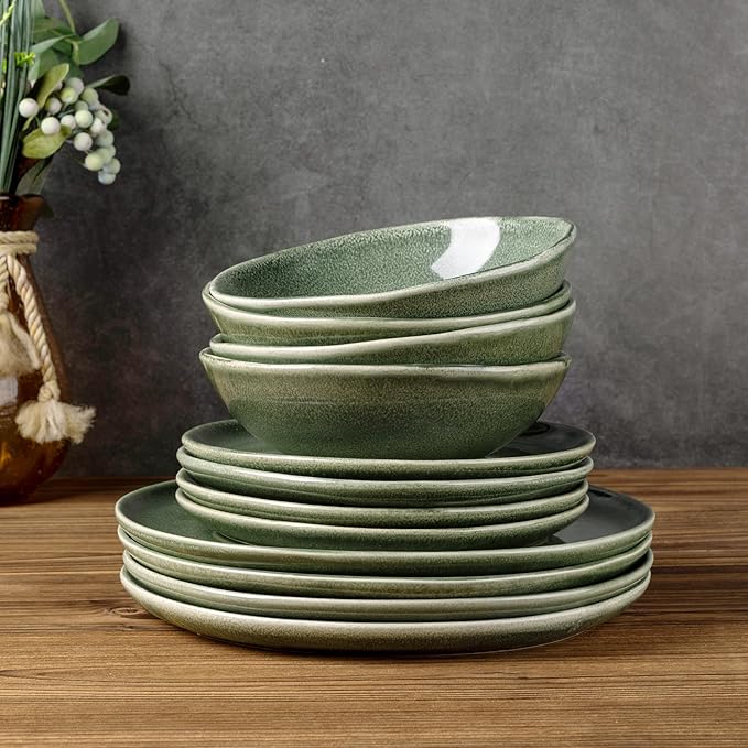 AmorArc Ceramic Dinnerware Sets,Handmade Reactive Glaze Stoneware Plates and Bowls Sets,Highly Scratch Resistant | Dishwasher & Microwave Safe Dishes Set,Service for 6 (18pc)