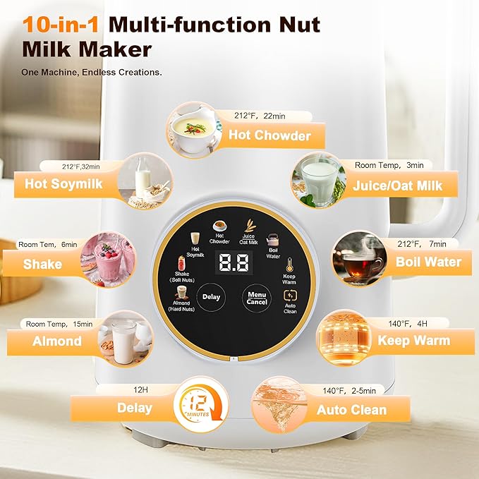 34oz Nut Milk Maker, 10 in 1 Automatic Nut Milk Maker, 304 stainless steel inner container with 10 Blades,Soy Milk Machine,Plant Based Milks Homemade Oat,Chowder,Juice,Almond Milk Machine