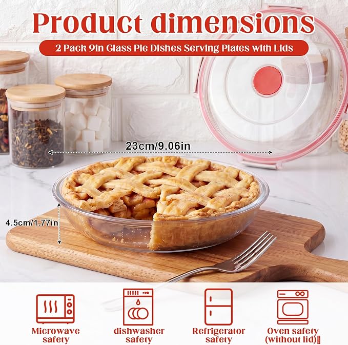 2 Pcs 9 Inch Glass Pie Plate with Lid for Baking Large Stackable Glass Round Pie Baking Dish for Fruit, Quiches, Pumpkin, Kitchen Oven Refrigerator Family Clear